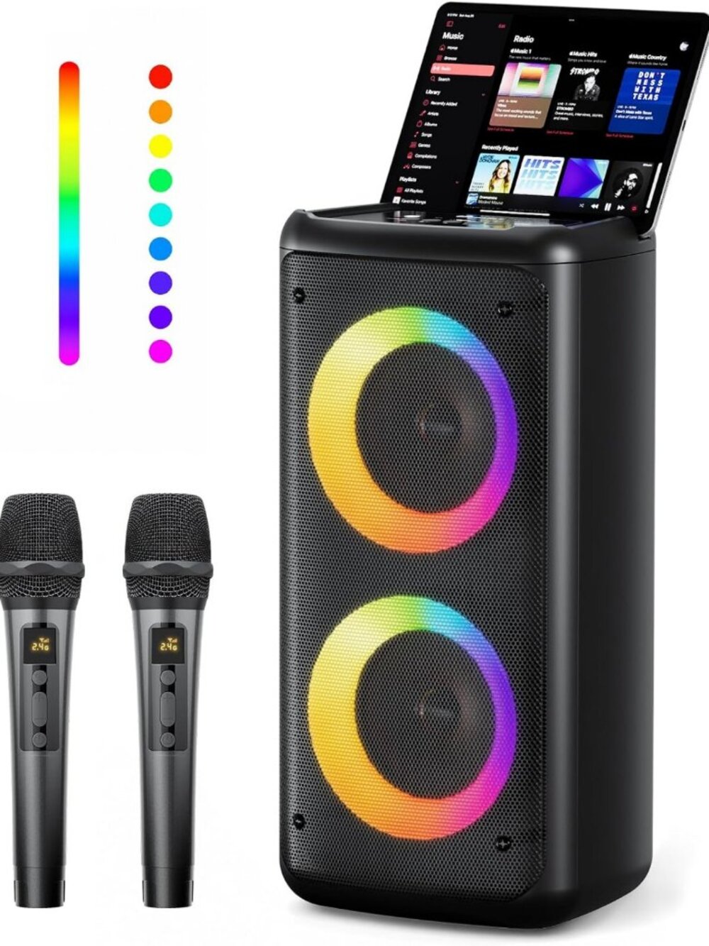 Portable 30W Bluetooth Speaker with 2 Wireless Microphones, Karaoke & Lights